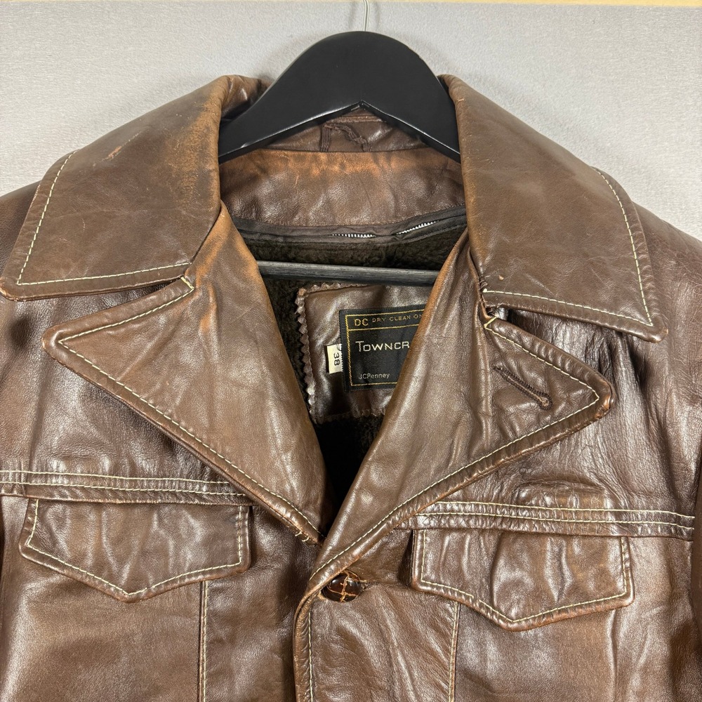 Vintage 70's Towncraft Leather Jacket Safari Coat Size 38 Brown Front Pockets - Picture 2 of 15